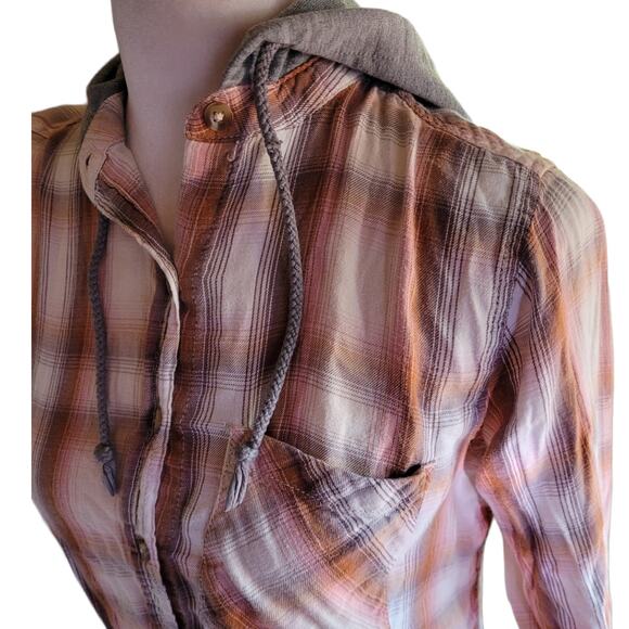 Mudd Womens Plaid Button Hoodie XS Rust Pink Gray Lightweight Cotton Modal - Picture 3 of 10